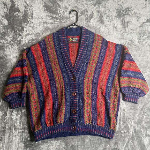 Heather Knits Long Sleeve Multi-Color V-Neck Button Up Geometric Size Large - Picture 1 of 7